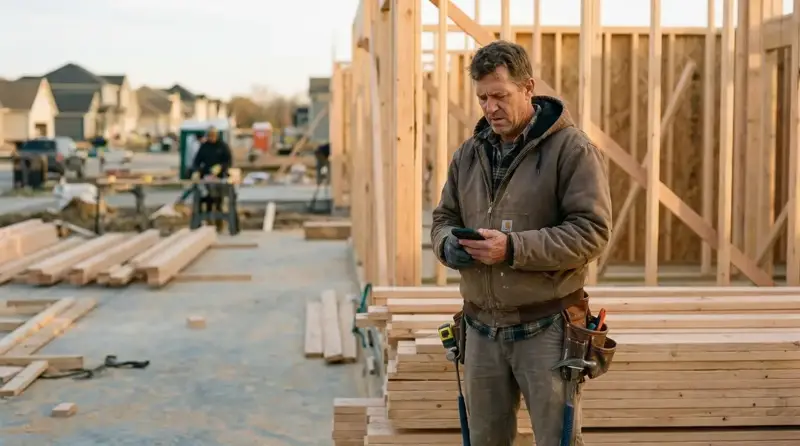 A residential remodeling contractor checking his phone on a job site